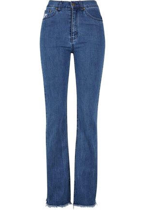 Des jeans en denim bleu taille haute présentent un design droit, un ourlet effiloché et un style à cinq poches. Fabriqués à partir d'un matériau en coton résistant.