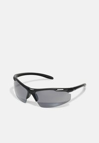 Black sports sunglasses with gray tinted lenses, lightweight plastic frame, wraparound design, and subtle accent detailing on the sides.