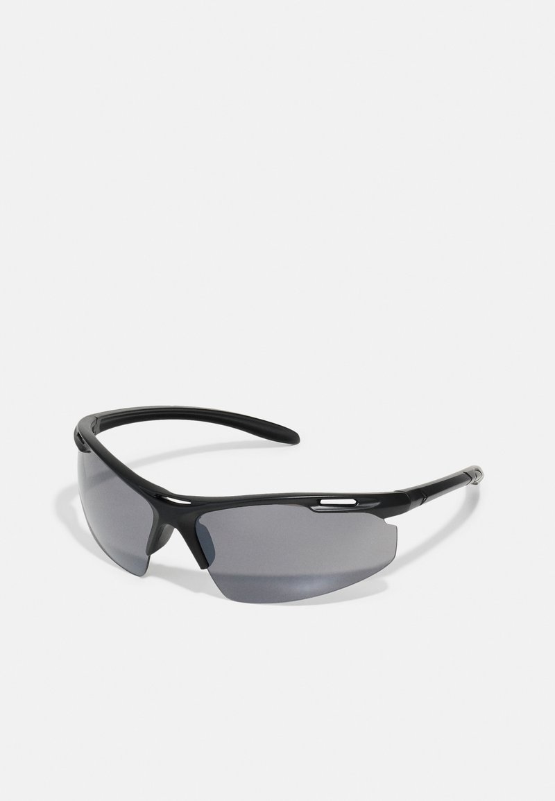 Black sports sunglasses with gray tinted lenses, lightweight plastic frame, wraparound design, and subtle accent detailing on the sides.
