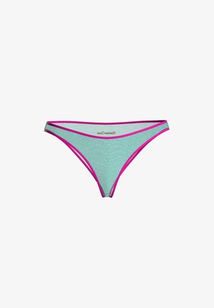 Light blue mesh thong underwear with bright pink trim and "Maison Close" logo on front waistband center.