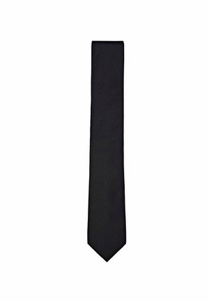 Black tie made of smooth fabric, featuring a classic narrow shape and pointed end. Simple design with no visible patterns or accents.