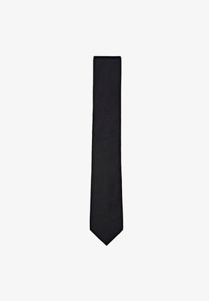 Black tie made of smooth fabric, featuring a classic narrow shape and pointed end. Simple design with no visible patterns or accents.