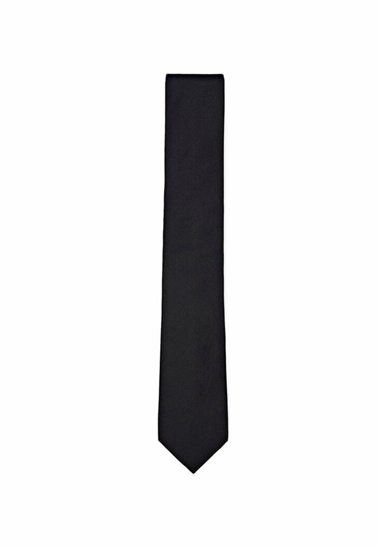 Black tie made of smooth fabric, featuring a classic narrow shape and pointed end. Simple design with no visible patterns or accents.