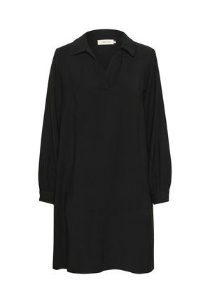 Zwarte tuniekjurk met een kraag, lange poffende mouwen, een V-halslijn en zijsplitten. Gemaakt van zachte, lichte stof.