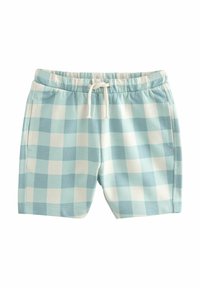 Shorts à carreaux bleu clair et blancs avec une taille élastique, un cordon de serrage et des poches latérales en tissu de coton doux.
