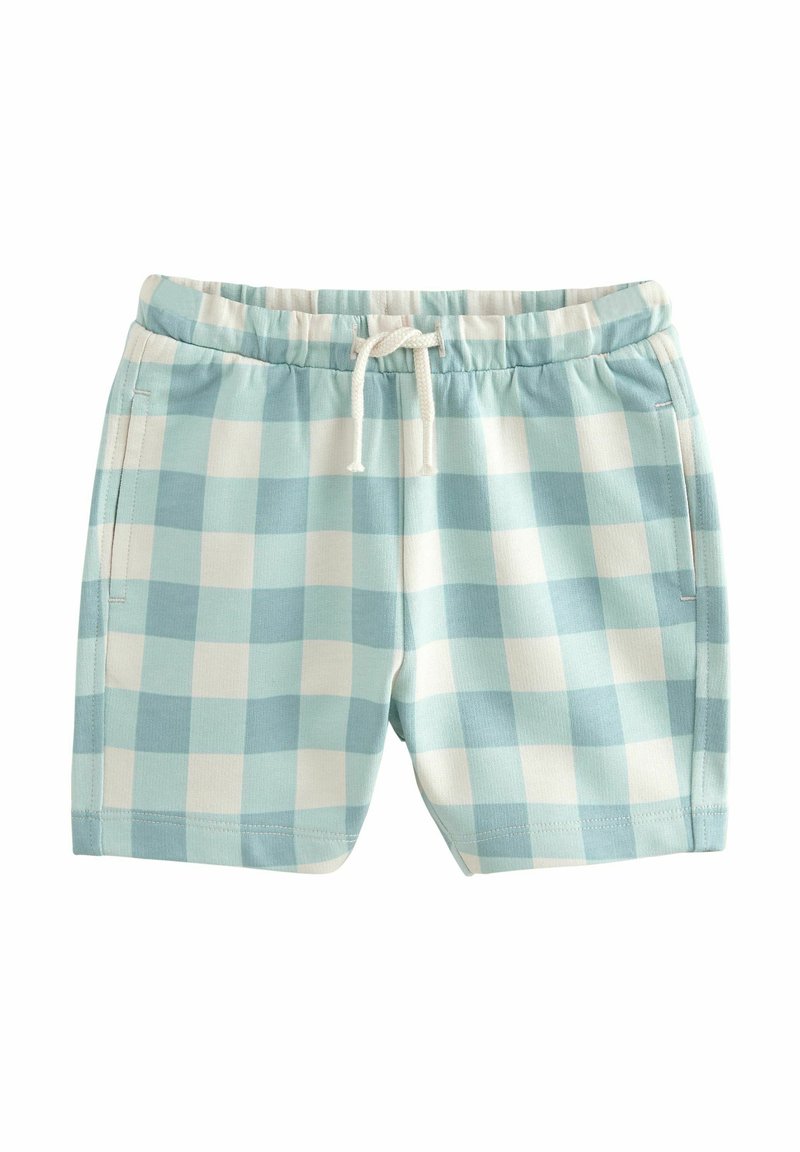 Shorts à carreaux bleu clair et blancs avec une taille élastique, un cordon de serrage et des poches latérales en tissu de coton doux.
