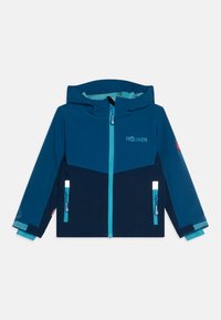 Giacca per bambini blu navy e teal con cappuccio, dotata di zip frontale, dettagli riflettenti e tasche con zip. Tessuto liscio e resistente all'acqua.