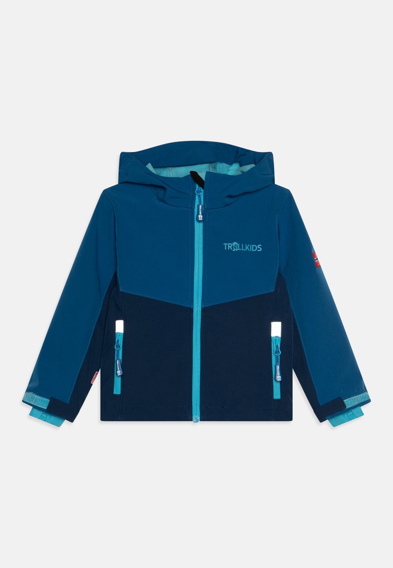 Giacca per bambini blu navy e teal con cappuccio, dotata di zip frontale, dettagli riflettenti e tasche con zip. Tessuto liscio e resistente all'acqua.