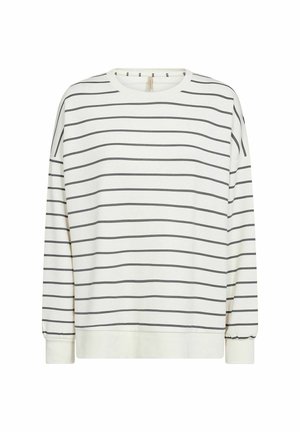 Weißer Sweatshirt mit schwarzen horizontalen Streifen, Rundhalsausschnitt, langen Ärmeln und elastischen Bündchen. Weicher Stoff mit lässiger Passform.