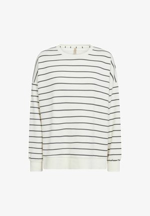 Witte sweatshirt met zwarte horizontale strepen, ronde halslijn, lange mouwen en elastische manchetten. Zachte stof met een relaxte pasvorm.