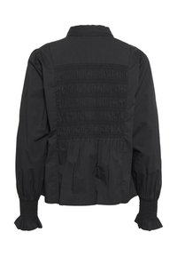 Blusa di tessuto nero con colletto, pannello posteriore arricciato e polsini arricciati. Presenta maniche lunghe e puffate e un fondo svasato.