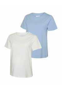 Pakke med to t-shirts: en lyseblå, en hvid. Begge har korte ærmer, rund hals og en blød bomuldsstruktur. Regular fit design.