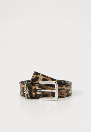 Leopard-print leather belt featuring a silver metal buckle, a smooth finish, and a sturdy design. Logo detail visible on the strap.