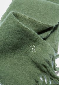 Écharpe en laine verte avec une surface douce et texturée, présentant des bords effilochés et un petit logo brodé.