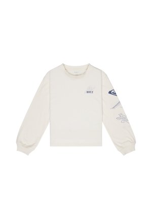 Kremowa bluza z długim rękawem z małym kwiatowym wzorem i logo "ROXY" na piersi oraz dekoracyjnymi niebieskimi liśćmi i wzorami logo na prawym rękawie.