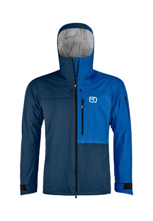 Blue and navy waterproof jacket with a hood, front zipper, chest logo, and adjustable cuffs. Smooth texture, two zippered pockets.