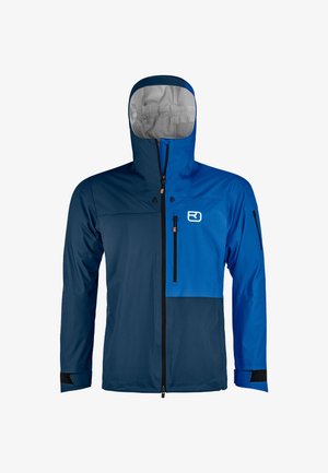 Blaue und marineblaue wasserdichte Jacke mit Kapuze, Frontreißverschluss, Brustlogo und verstellbaren Manschetten. Glatte Textur, zwei mit Reißverschluss versehenen Taschen.