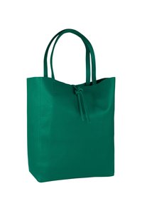 Groen gestructureerde lederen totebag met twee handvatten, voorzien van een trekkoordsluiting en een gestructureerde vierkante vorm.
