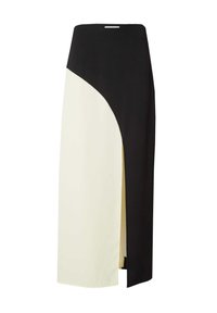 Zwarte en crèmekleurige kleurblokrok gemaakt van zachte stof. Beschikt over een zijslit en een hoogsluitend design. Schoon lijnenspel en moderne silhouet.