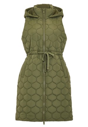 Gilet sans manches en duvet vert olive avec un motif en bulle matelassé, taille avec cordon de serrage et fermeture éclair sur le devant. Comprend une capuche et des poches latérales.