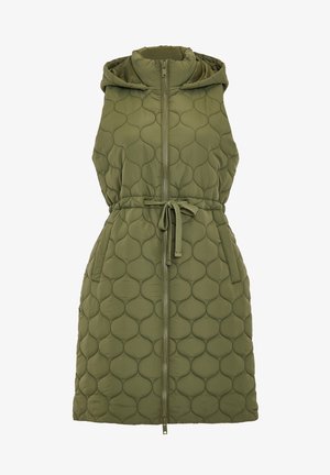 Gilet sans manches en duvet vert olive avec un motif en bulle matelassé, taille avec cordon de serrage et fermeture éclair sur le devant. Comprend une capuche et des poches latérales.