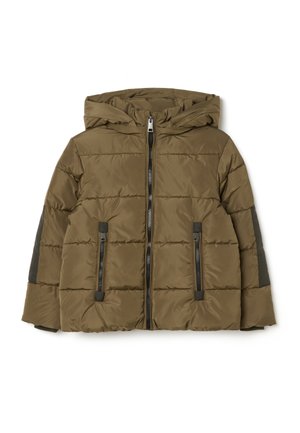 Olivgrüne gepolsterte Jacke mit Kapuze, mit einem Reißverschluss, zwei vorderen Taschen und kontrastierenden schwarzen Akzenten an den Ärmeln.