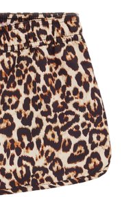 Leopardenmuster-Shorts in Beige und Dunkelbraun, mit einem elastischen Bund und einem glatten, leichten Stoff. Abgerundeter Saum am unteren Ende.