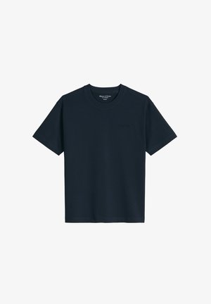 T-shirt bleu marine à manches courtes et col rond avec un logo Marc O'Polo discret sur la poitrine, présenté sur fond blanc.