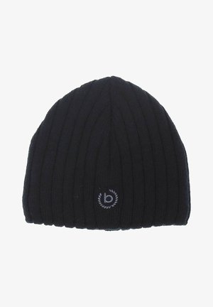 Sort ribbet strikbeanie, tæt samt design, blød tekstur, med et lille broderet logo foran.