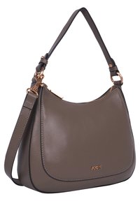 Sac à main en cuir gris avec une texture lisse, un design incurvé, des garnitures en ton doré et une sangle réglable. Dispose d'une fermeture éclair et d'un détail de logo.