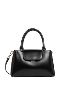 Borsa nera in pelle con un design strutturato, manici arrotondati e chiusura a patta. Presenta dettagli in oro e una tracolla staccabile.