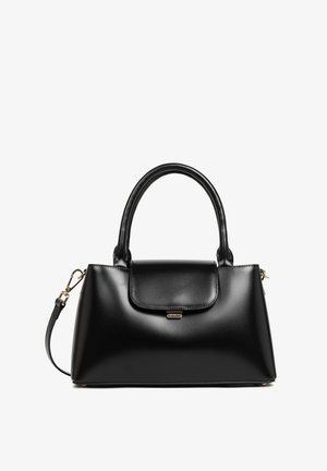 Zwarte leren handtas met een gestructureerd ontwerp, ronde handvatten en een klep sluiting. Voorzien van gouden hardware en een afneembare schouderriem.
