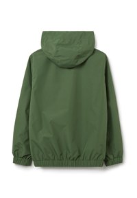 Grüne Kapuzenjacke mit elastischen Bündchen und Saum, aus leichtem Material, mit glatter Textur und einem schlichten Design ohne sichtbare Verschlüsse.