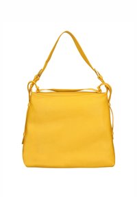 Sac à main en cuir jaune avec une surface texturée, de forme rectangulaire douce, bandoulière unique et réglable, et accents de lien discrets sur les côtés.