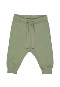 Pantaloni della tuta in cotone verde chiaro con cintura elastica, cordino e caviglie elasticizzate. Tessuto morbido e vestibilità comoda.