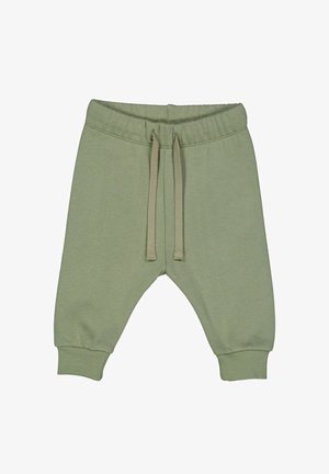 Light green cotton sweatpants with an elastic waistband, drawstring, and cuffed ankles. Smooth texture and relaxed fit.