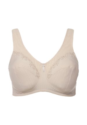 Beige bh met brede gevoerde banden, bloemmotieven op de cups, verticale strepen en een kleine juweelaccent in het midden.