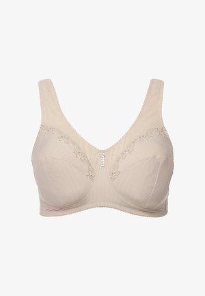 Soutien-gorge beige avec de larges bretelles rembourrées, broderies florales sur les bonnets, rayures verticales et un petit bijou accentué au centre.