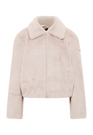 Faux fur jas in lichtbeige, met een kraag, ritssluiting en een zachte textuur. Korte pasvorm met lange mouwen.