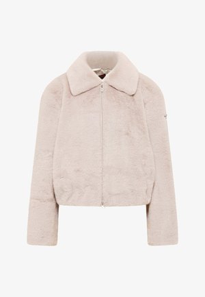 Faux fur jas in lichtbeige, met een kraag, ritssluiting en een zachte textuur. Korte pasvorm met lange mouwen.