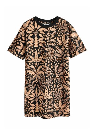 Zwart T-shirt met korte mouwen en beige botanische print met grote bladeren en abstracte plantvormen verspreid over het geheel.