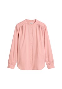 Pink button-up shirt with a mandarin collar, long sleeves, puffed shoulders, and a rounded hem. Made from a smooth fabric with a soft texture.
