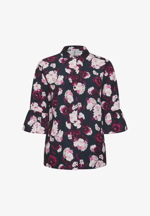 Blumenbluse in dunkelblau mit rosa und burgunderfarbenen Rosen, Knopfverschluss vorne und ausladenden Dreiviertelärmeln. Weicher Stoff, lässiges Design.