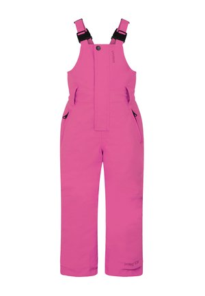 Roze sneeuwoverall met verstelbare banden, voorrits en zijzakken. Gemaakt van een gladde, waterafstotende stof. Logo op het been.