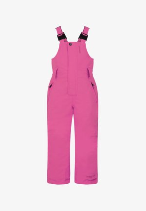 Roze sneeuwoverall met verstelbare banden, voorrits en zijzakken. Gemaakt van een gladde, waterafstotende stof. Logo op het been.