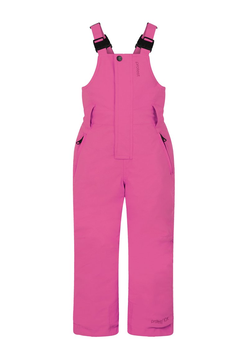 Ružové snehové kombinézy s nastaviteľnými ramienkami, predným zipsom a bočnými vreckami. Vyrobené z hladkého, vodeodolného materiálu. Logo na nohe.