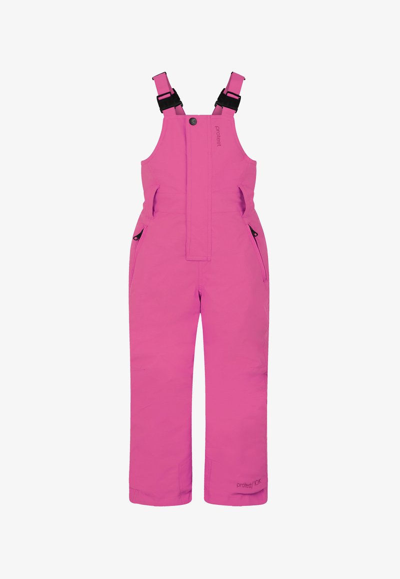Ružové snehové kombinézy s nastaviteľnými ramienkami, predným zipsom a bočnými vreckami. Vyrobené z hladkého, vodeodolného materiálu. Logo na nohe.