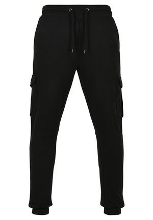 Svart joggebukse laget av bomullsblanding, med snor i livet, side cargo-lommer og ribbestrikkede mansjetter. Glatt tekstur.
