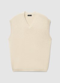 Pull sans manches tricoté de couleur crème avec un col en V, des bords côtelés et une texture douce, avec une étiquette portant la mention "GALLIONE".