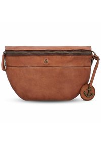 Braune Ledertasche mit Reißverschluss, runder Form, geprägtem Ankerdesign auf der Vorderseite und einer Schlüsselanhänger-Schlaufe mit passendem Anker-Anhänger.